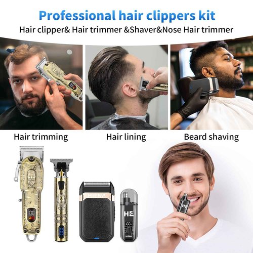 HIENA PRO Hair Clippers for Men Professional, Cordless Barber Clipper and T-Blade Beard/Hair Trimmer Set, Electric Razor Foil Shaver Nose Trimmer Barber Kit, Men's Hair Cutting Kit (814 Set)