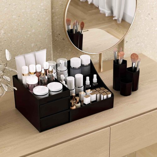 Lumijoy 2 Pcs White Makeup Organizer and Brush Holder Set with 3 Drawers, Perfect for Cosmetics, Skincare, Beauty Tools on Vanity for Bedroom, Bathroom, Kitchen, Black