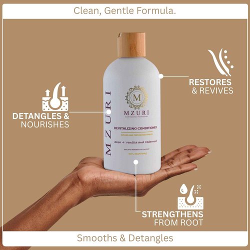 MZURI Revitalizing Conditioner with Shea Butter, Vanilla, & Cedarwood, Moisturizing, Hydrating, and Deep Conditioning Treatment for Frizzy, Dry, Hair, Restorative Leave-In Formula - 16 Fl. Oz
