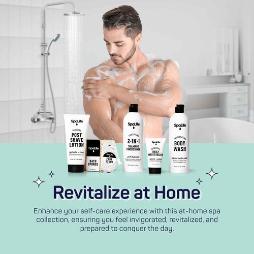 SpaLife 7-Piece Men's Body Care Gift Set | Mens Gift Set with 2-in-1 Shampoo & Conditioner, Body Wash, Moisturizer, Post-Shave Lotion, Sponge & Foot Stone | Christmas Gifts for Men | 7-Piece Bundle