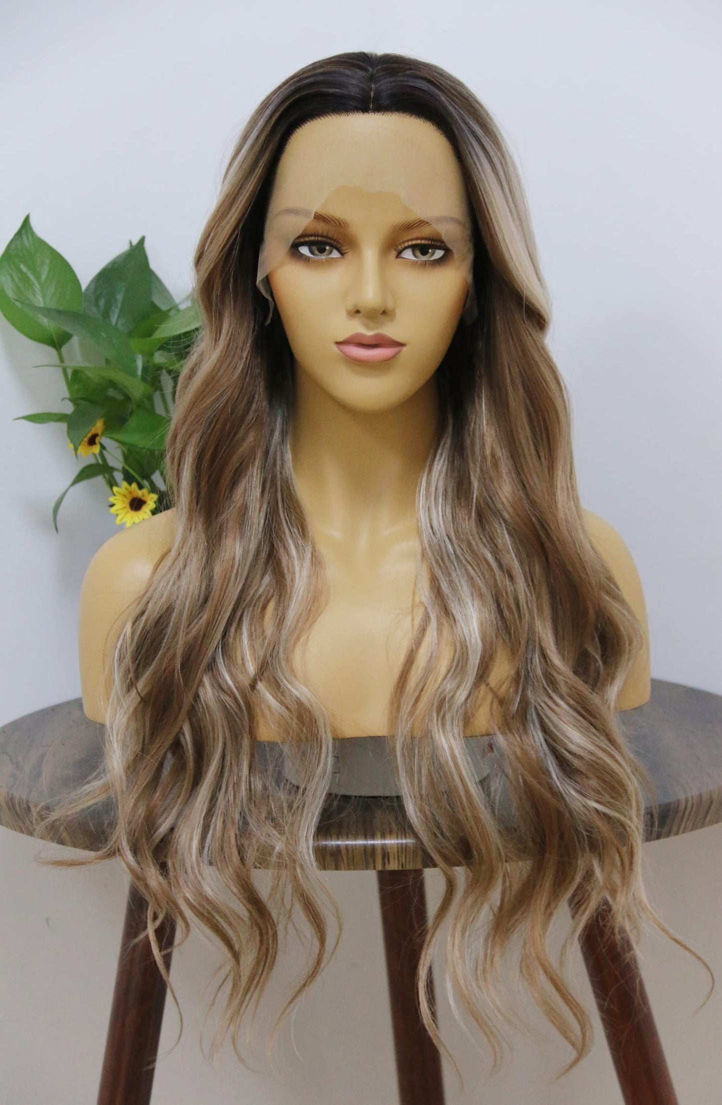 MSMYRNS Body Wave Synthetic Wig Highlight Brown and Platinum Blonde Mixed Colorful Wig with Dark Roots Ombre Lace Front Wig For Girls Heat Resistant Fibers Long Wavy Curly Hair