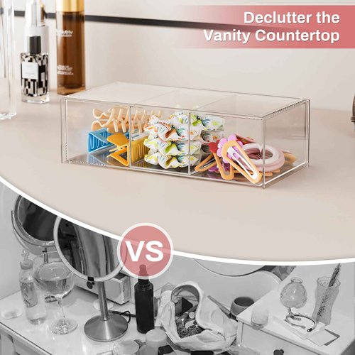 Hair Accessories Organizer for Girls, Clear Acrylic Hair Bow Tie Clip Scrunchie Holder with Removable Divider, Cute Small Stackable Storage Drawer Container Caddy Box for Bathroom Vanity Countertop