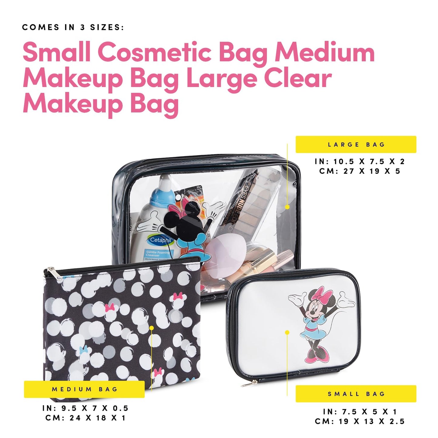 Mickey Mouse Cosmetic Case Set - Officially Licensed Mickey and Minnie Mouse Travel Cosmetic Case 3 Piece Set - Girls, Boys, Teens, Adults (Black Minnie)