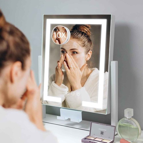 Kottova Lighted Makeup Mirror, Hollywood Vanity Mirror with Lights, Three Color Modes, Smart Touch Control, with Detachable 10X Spot Mirror, Metal Frame, 360° Rotation（14.1in,White）