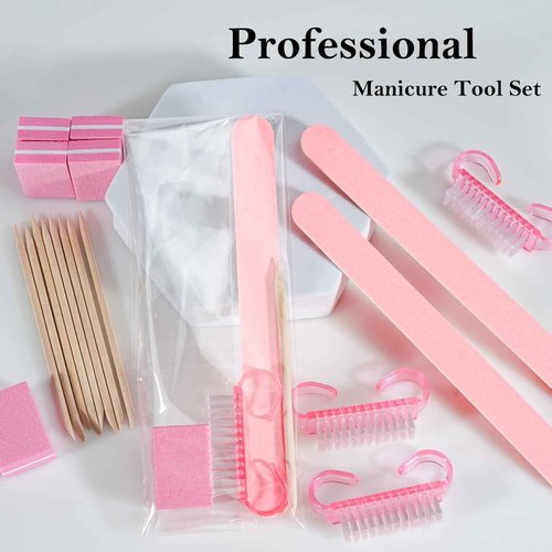 Disposable Manicure kit Press On Nail Tool Kit for Salon Home, Mini Nail Buffer, Nail File, Wood Stick, Nail Brush (Pink, 100 Set)