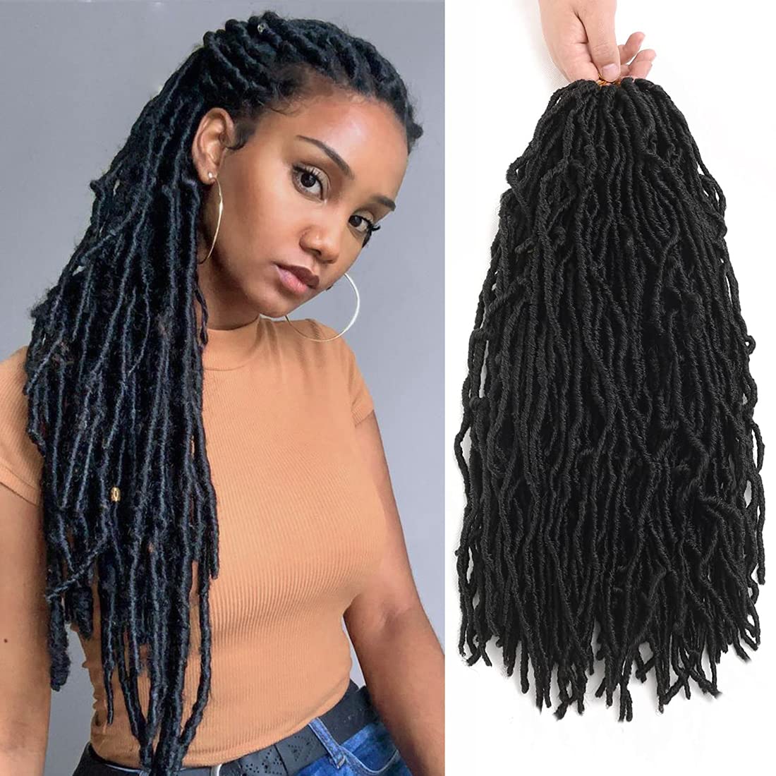 18 Inch Faux Locs Crochet Hair 6 Packs Soft Locs Pre Looped Crochet Hair Natrual Black Color Synthetic Hair Extension for Women(18Inch, 1B)