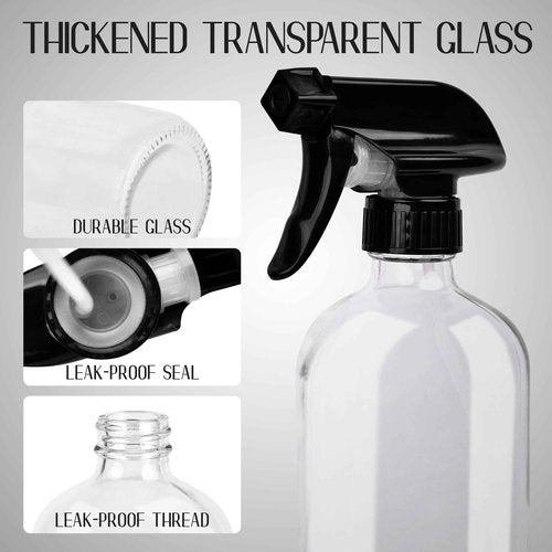 LIQVAL 16oz Empty Glass Spray Bottle with Silicone Sleeve Protection - Refillable Containers for Cleaning Solutions, Essential Oils, Misting Plants - Including 2 Sprayers (Clear, 1 PACK)