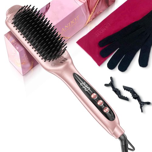 LANDOT Inoic Hair Straightener Brush for Smooth, Frizz-Free Results - Electric Heated Ceramic Straightening Brush Dual Voltage - Fast Heating Adjust Temp 250-450F for All Hair Types