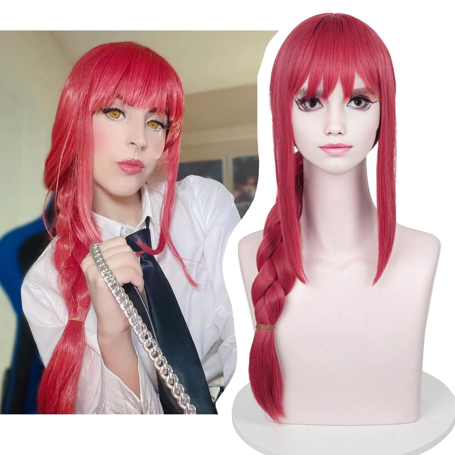 Aicos Red Wavy Angel Devil Cosplay Wig for Women with Wig Cap