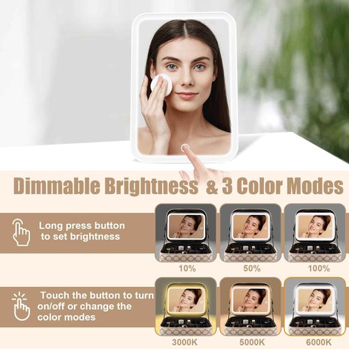 PEEH Makeup Bag with Lighted Mirror, Travel Make up Train Case with Adjustable Brightness Vanity Mirror and Detachable 10x Magnifying Mirror (Beige Clover)