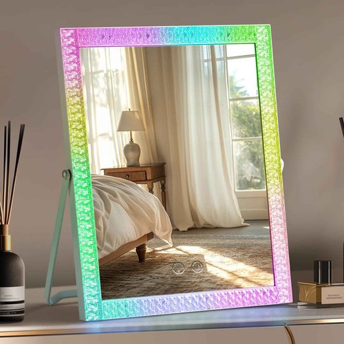 homtang Vanity Mirror with Lights,RGB & 3 Dimmable Light Modes Makeup Mirror with Touch Control,Light Up Mirror for Desk,360°Rotation,17x14 Inch