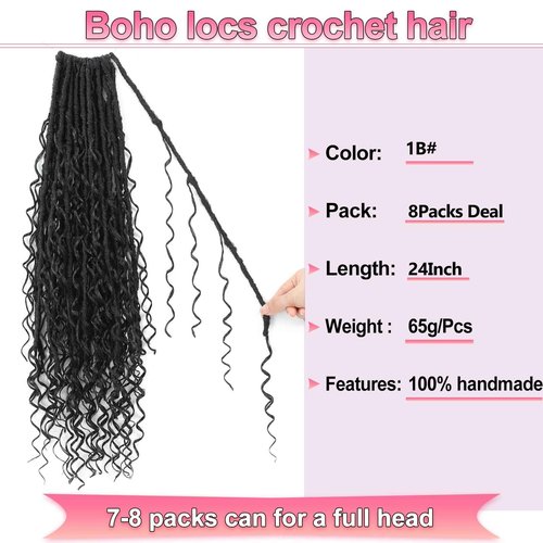 Boho Faux Locs Crochet Hair 24 Inch Goddess Locs 8 Packs Boho Soft Locs Crochet Hair with Curly Ends Pre-looped Long Bohemian River Locs for Black Women (1B, 24 Inch(Pack of 8))
