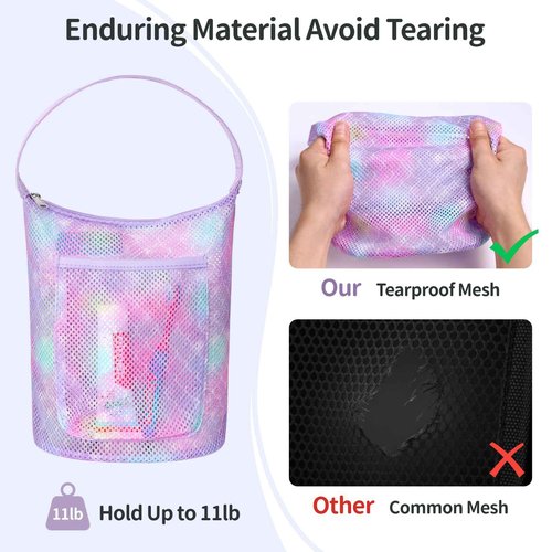 BrainyBees Kids Shower Caddy Mesh – Small Kids Toiletry Bag Girls Shower Bag Portable, Collapsible Camp Dorm Gym Travel Bathroom Essentials Gift, Purple Mermaid