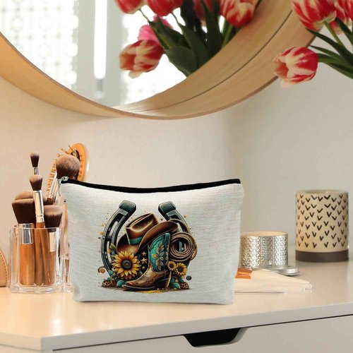 RYYCDOI Country Girl Sunflower Makeup Bag - Cowgirl Boots Cosmetic Toiletry Pouch for Women - Western Gift