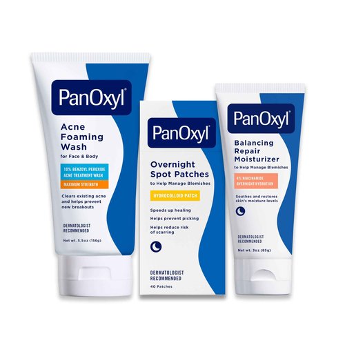 PanOxyl Before Bed Skincare Routine Bundle - Acne Foaming Wash Benzoyl Peroxide 10%, PM Overnight Spot Patches & PM Balancing Repair Moisturizer