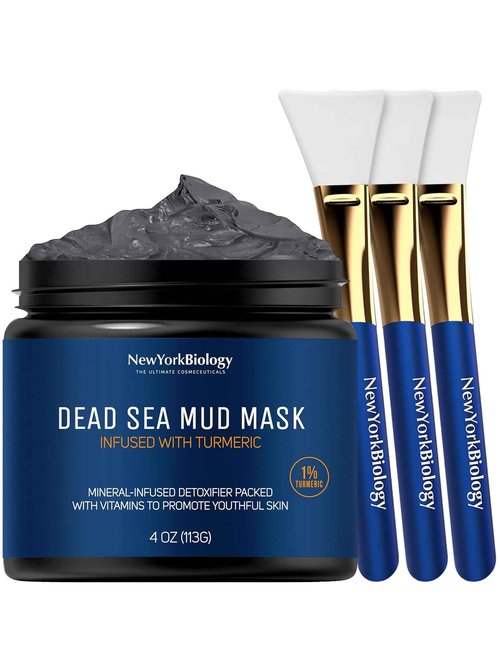 New York Biology Dead Sea Mud Mask for Face and Body Infused with Turmeric Oil with 3 pcs Face Mask Brush Applicators - Spa Quality Pore Reducer for Acne, Blackheads and Oily Skin
