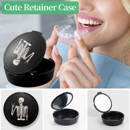 TIHYWR Retainer Case, Denture & Mouth Guard Orthodontic Aligner Case With Mirror & Ventilation, Black Skull