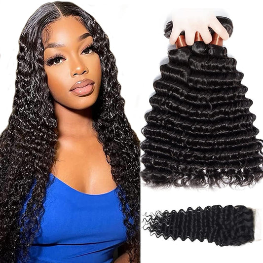 Angie Queen Brazilian Virgin Deep Wave Hair 3 Bundles with Free Part Closure (20 22 24+16 closure,Natural Black Color) 100% Unprocessed Brazilian Deep Wave Human Hair Weft with Lace Closure