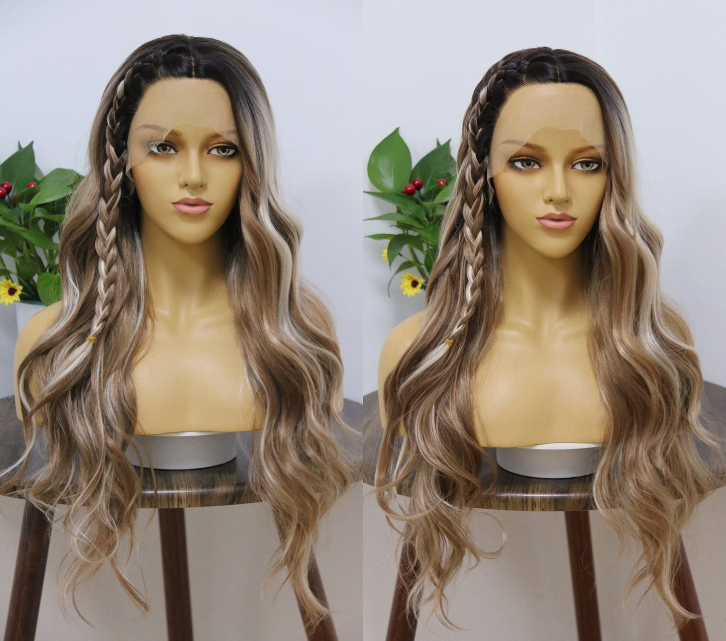 MSMYRNS Body Wave Synthetic Wig Highlight Brown and Platinum Blonde Mixed Colorful Wig with Dark Roots Ombre Lace Front Wig For Girls Heat Resistant Fibers Long Wavy Curly Hair