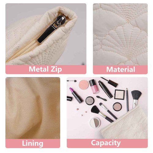 Sarrany White Quilted Makeup Bag, Cute Make Up Bag Organizer whith Shell Pattern, Cotton Cosmetic Bag for Women & Girls, Canvas Lined Pouch, Coquette Organizer purse(White Shell set of 3)