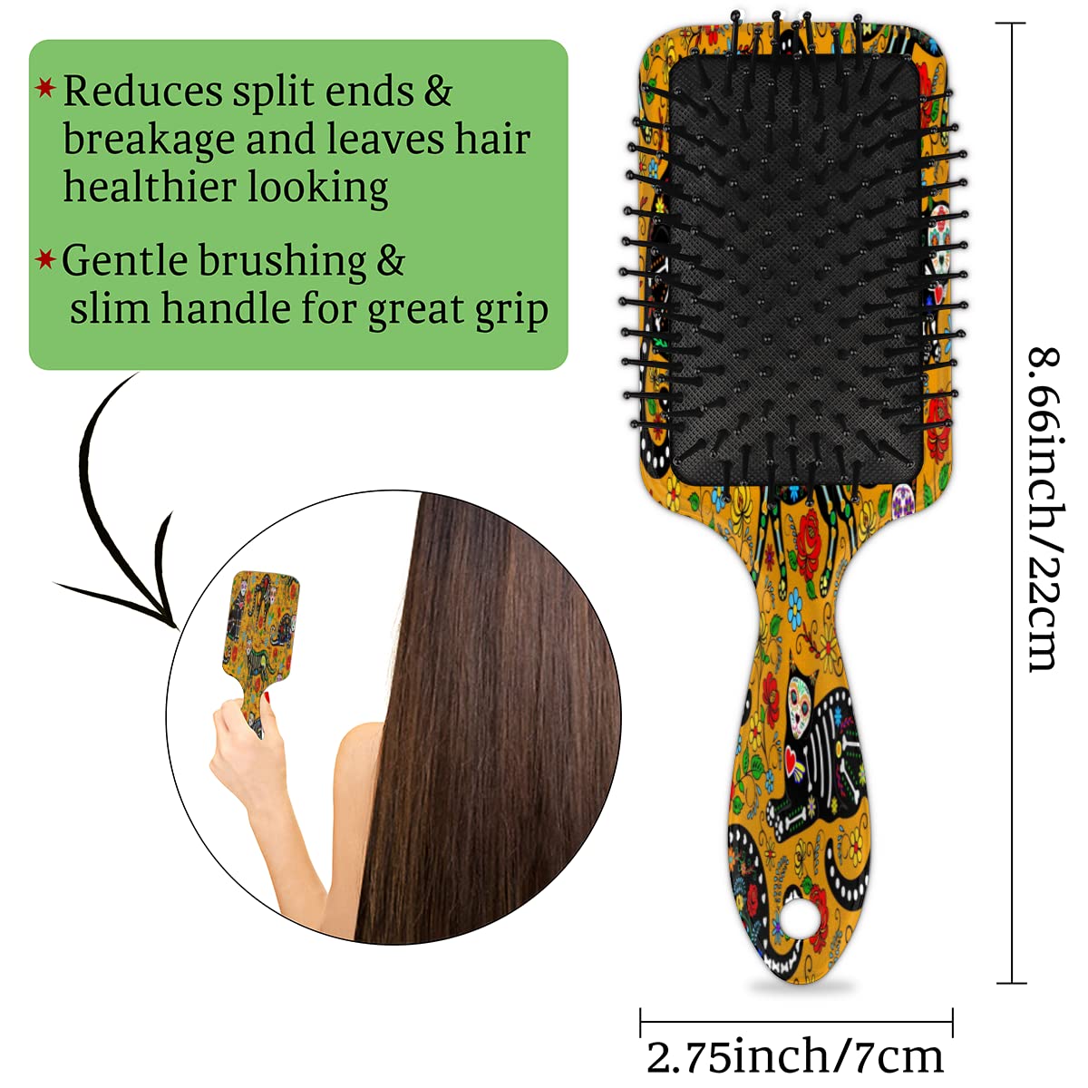 Sugar Skull Cat Hair Brush, Flowers Cat Wet Dry Air Cushion Hair Brush Plastic Detangler Hair Brush for Kids Adults Back To School Gift Women Men