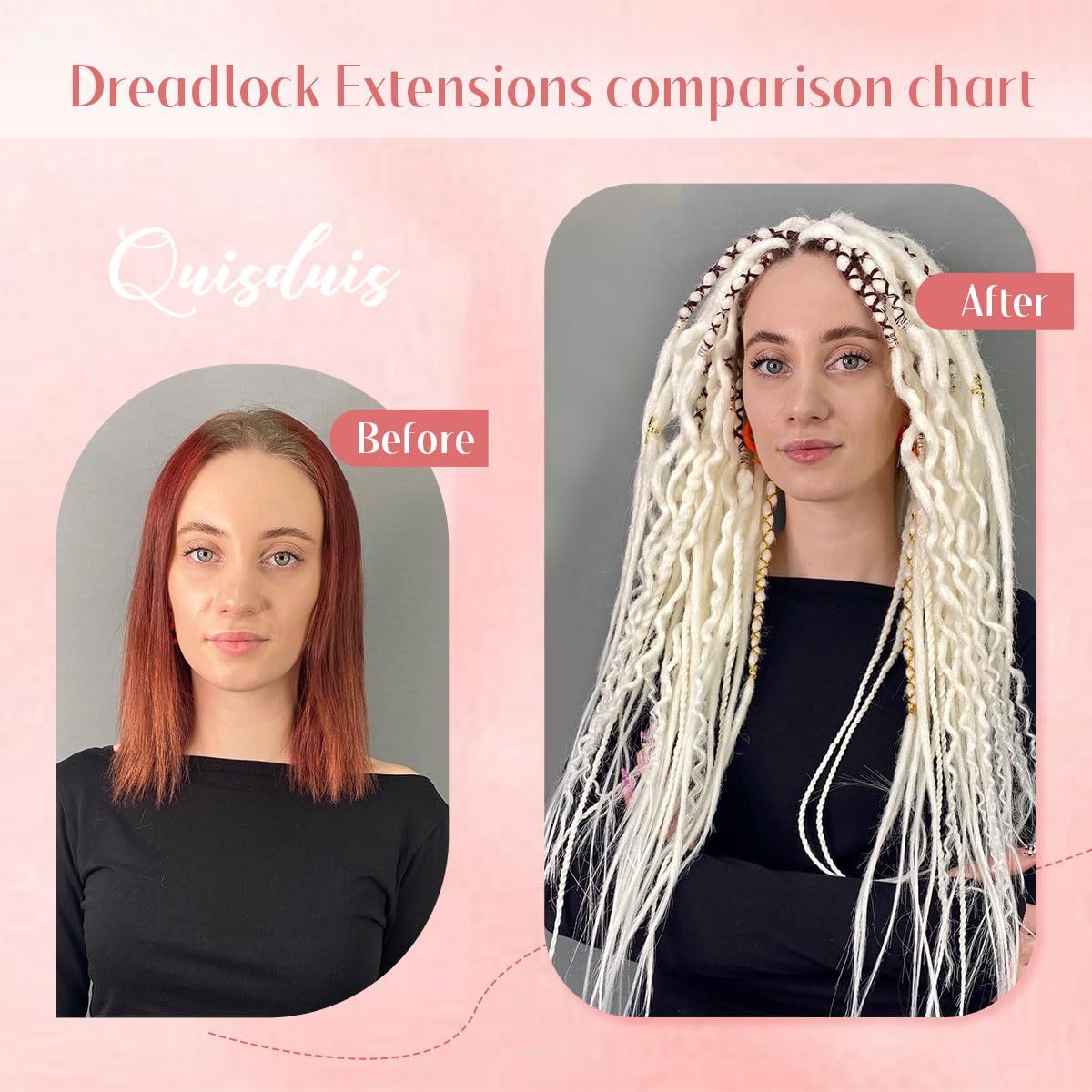 Quiduis 30 Inch 30 Strands SE Dreadlock Extensions Full Sets,3 In 1 Mixed Synthetic Dreads Extensions,Rose Pink Curly&Straight&Boho Single Ended Dreads Extensions Hippie Style Dreadlock for Women