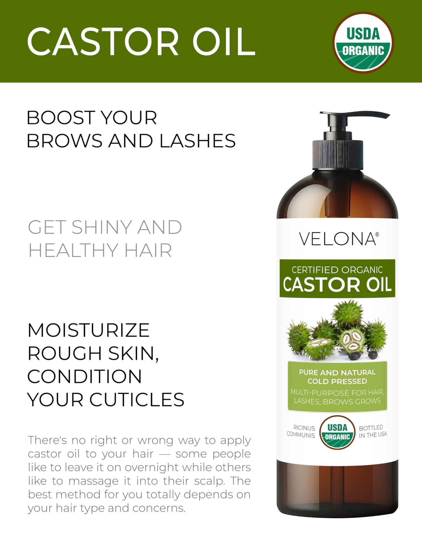 velona USDA Certified Organic Castor Oil - 8 Fl Oz | For Hair, Boost Eyelashes, Eyebrows | Cold pressed, Natural Oil, USP Grade | Hexane Free, Lash Serum, Caster…