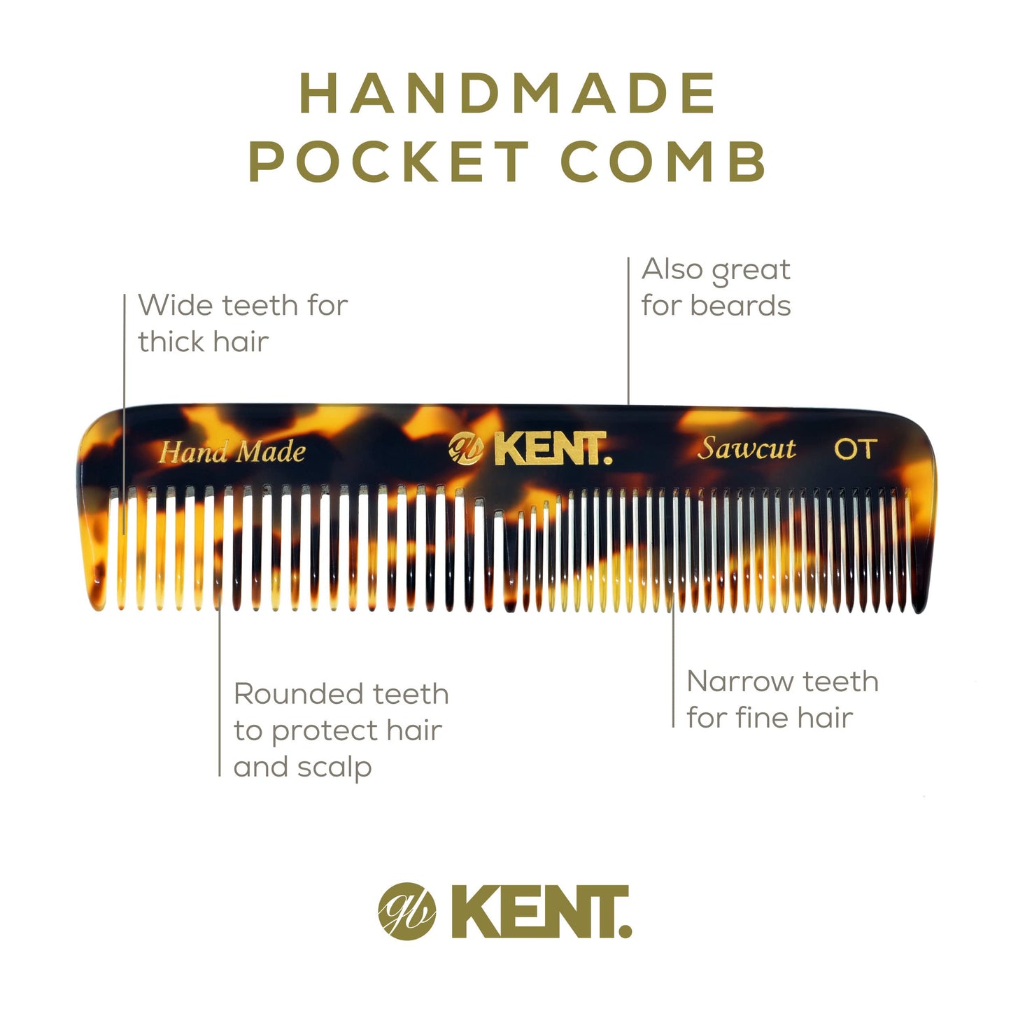 Kent OT TY 4.5" Fine Tooth Comb and Wide Tooth Comb Pocket Comb - Handmade Hair Comb for Men for Hair Combs, Beard Comb and Mustache Comb - Combs for Women and Kids, Saw Cut and Hand Polished