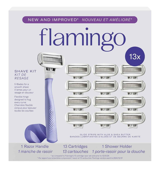 Flamingo Razors for Women, 1 Women's Razor Handle (Lilac), 13 Razor Five-Blade Refills, and 1 Shower Holder