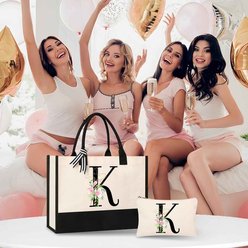 AYGE Personalized Initial Canvas Beach Tote, Monogrammed Gifts for Women, Makeup Bag, Birthday Gifts for Sister, Mom, Teacher, Bridesmaid (K)