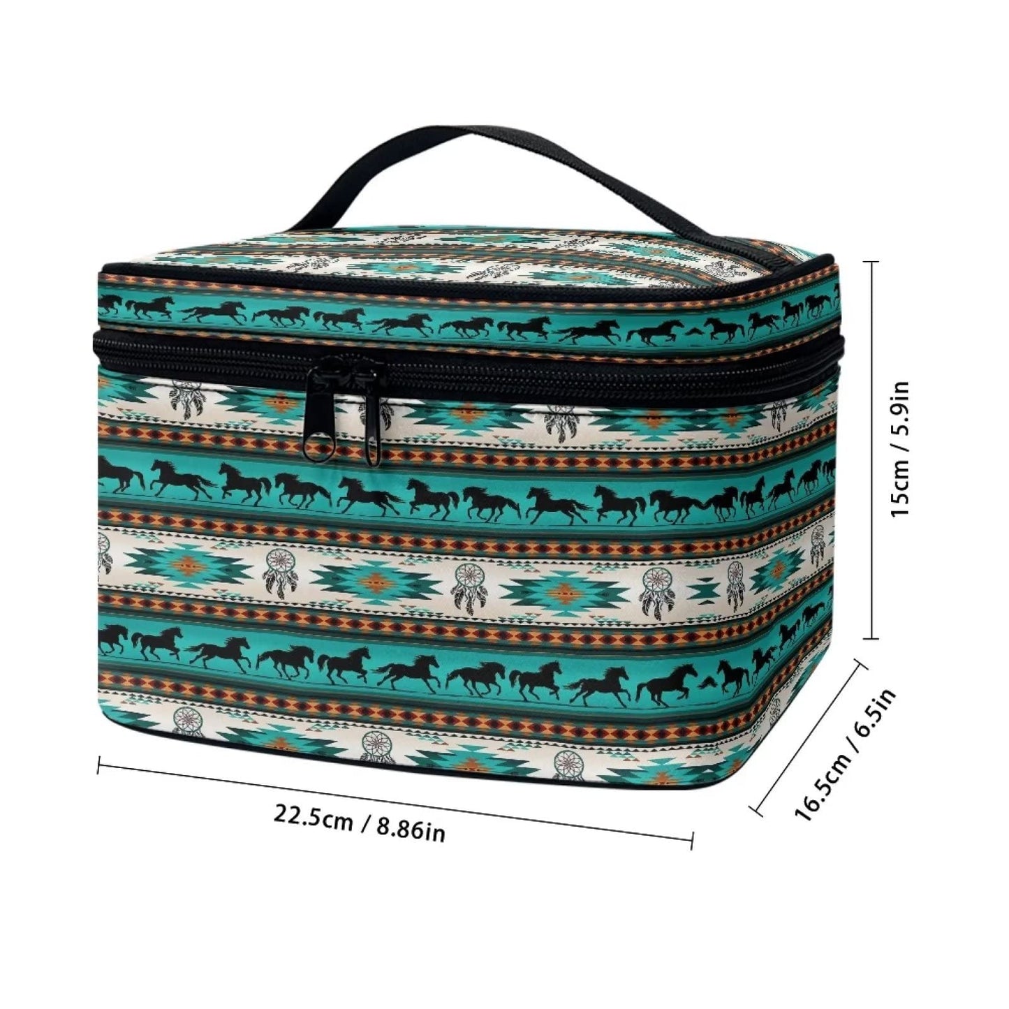 JEOCODY Cosmetic Bag Travel Organizer Southwest Tribal Horse Print Travel Makeup Cosmetic Case Storage Bag Portable Travel Makeup Train Case for Cosmetics Makeup Brushes, Girls, Women, Friends Gifts