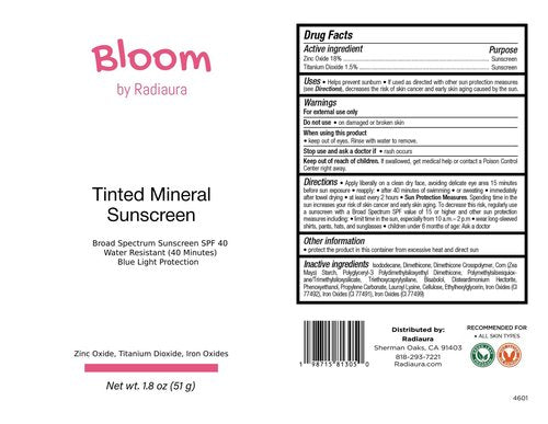 Bloom by Radiaura Tinted Mineral Sunscreen, SPF 40, Water Resistant, Blue Light Protection, 1.8 oz