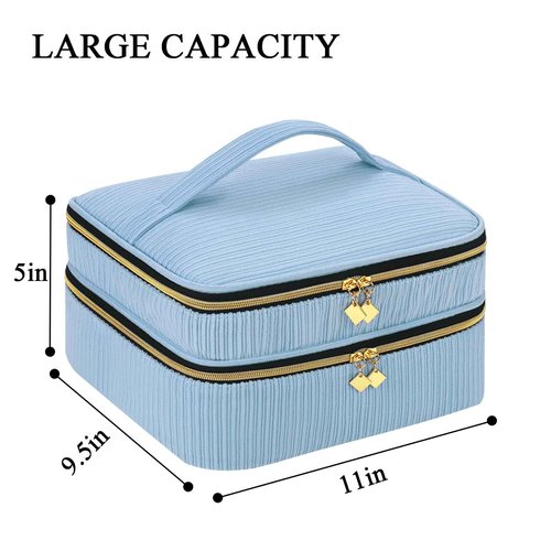 LYFFXYH Double-Layer Nail Polish Organizer, Nail Polish Storage with Handle, Nail Bag Organizer Case for Professional Manicure Kit & Travel (Blue, 42 Bottles-Small)