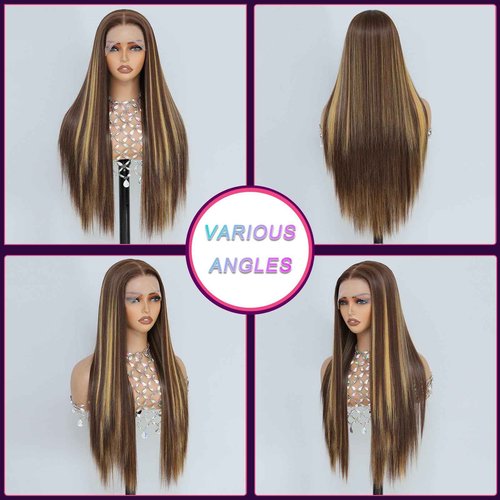 Barbique Synthetic Lace Front Wig, Honey Blonde Wig 13x6 Hd Lace Pre-Plucked Long Straight Highlights Glueless Wigs for Black Women 26 Inch Suitable for Everyday Wear