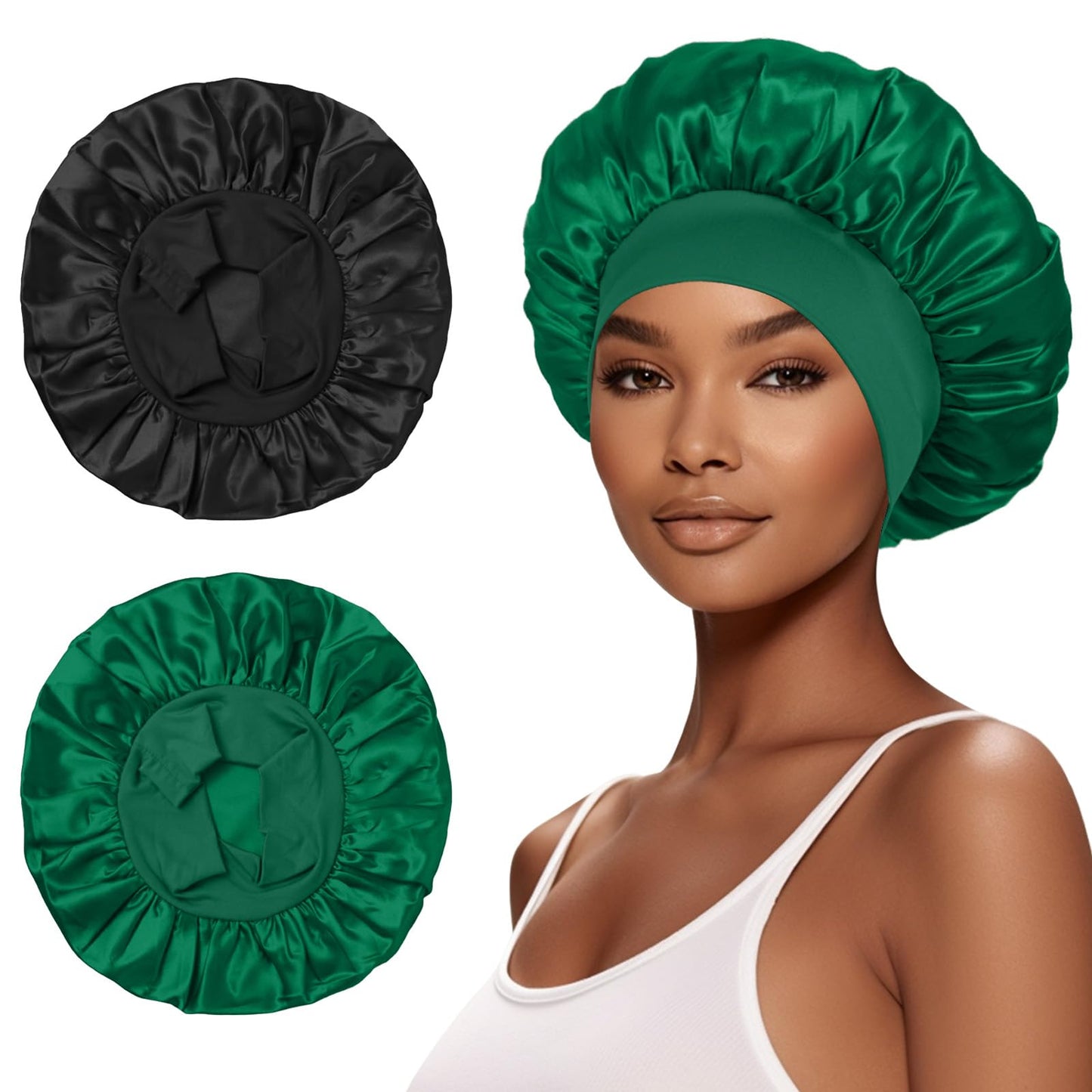 2Pcs Satin Bonnet for Sleeping, Silk Hair Wrap for Curly Hair with Elastic Wide Band, Black Satin Bonnet for Women SELALU (Black, Green)