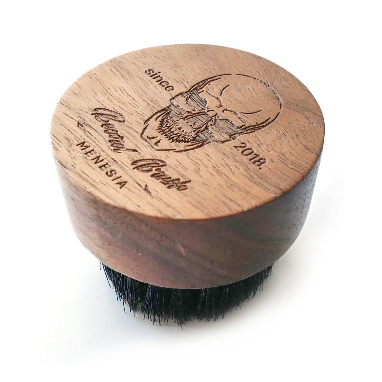 Menesia Boar Bristle Hair Beard Brush for Men, Small and Round Black Walnut Wood Beard Brush, Pocket Travel Men's Wooden Mustache Brush (Skull)