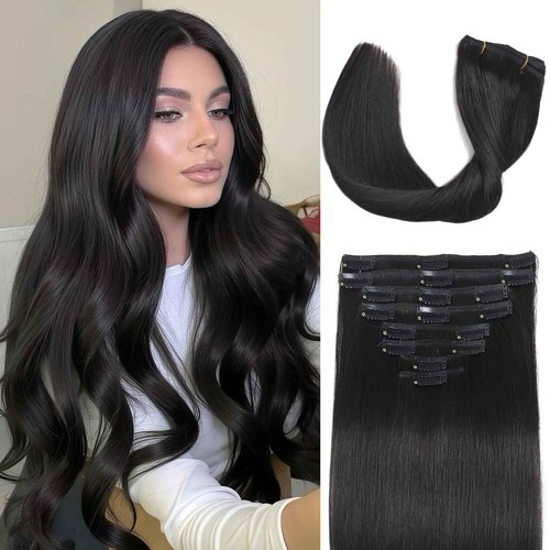 Clip in Hair Extensions Real Human Hair, 16 inch 90g, Balayage Invisible Remy Human hair Clip in Extensions for Women Seamless Straight 8Pcs Double Weft Natural Black