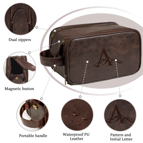 Janhavi Personalized Toiletry Bag for Men, Gifts for Boyfriend, Toiletry Bag For Shower Caddy,Personalized Initials & Mountain, Mens Toiletry Travel Bag, Travel Essentials for Men (Dark Brown J)