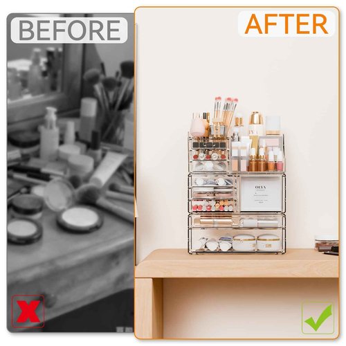 Yieach 3 Pack Clear Makeup Organizer Countertop for Dresser,Vanity and Bathroom Counter Organizer,Tiered Stackable Makeup Acrylic Organizers with 9 Drawer for Skincare,Brush and Make up Holders