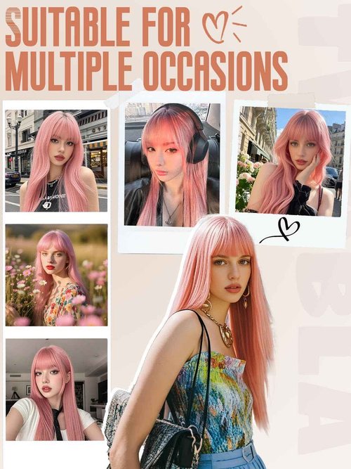 Pink Glueless Lace Front Wig For Women | 26 Inch Long Straight Layered Synthetic Wig With Curtain Bangs | Heat Resistant, Wear & Go, No Glue Needed | Cosplay & Daily Use