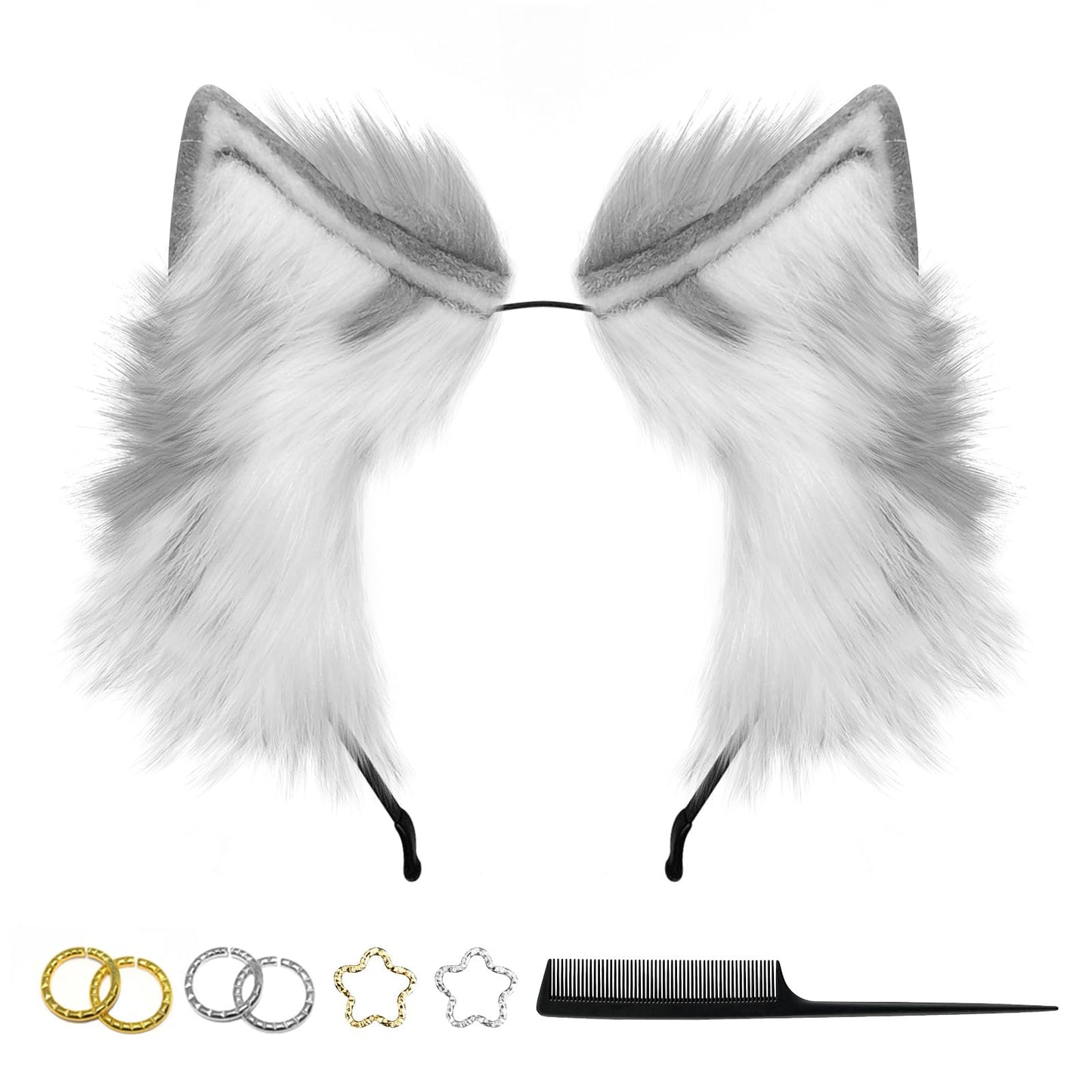 GaliaFaya Cat Wolf Fox Dog Ears Headband Handmade Long Faux fur Cosplay Halloween Costume Party (Grey and White)