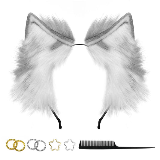 GaliaFaya Cat Wolf Fox Dog Ears Headband Handmade Long Faux fur Cosplay Halloween Costume Party (Grey and White)