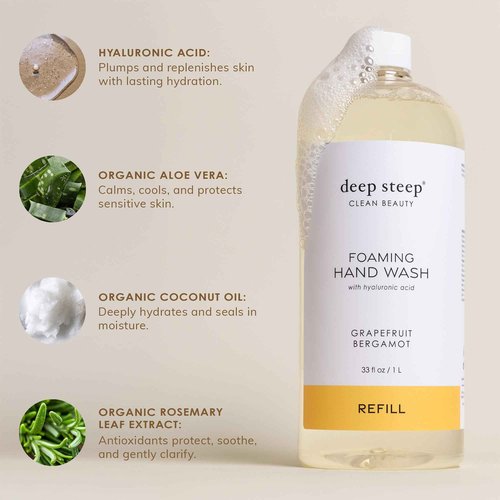 Deep Steep Foaming Hand Wash, Grapefruit Bergamot Refill, 33oz, Gentle Cleanser with Aloe, Argan Oil, Shea Butter & Hyaluronic Acid – Vegan, Clean Beauty, Soft & Hydrated Hands