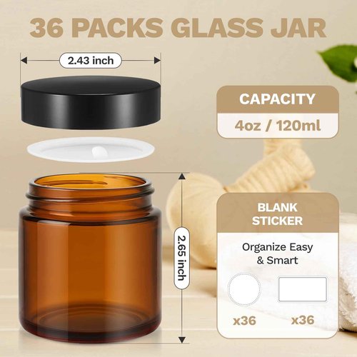 4 oz Small Glass Jars with Lids, Bumobum 36 Pack Amber Glass Cosmetic Jars with Inner Liners, 120ml Round Empty Sample Containers with Blank Labels for Cream, Body Scrub, Lotion