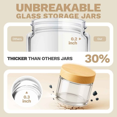 Bumobum 2 oz Small Glass Jars with Plastic Woodgrain Lids, 24 Pack Clear Glass Cosmetic Jars with Inner Liners, 60ml Refillable Empty Sample Containers for Cream, Salve, Powders and Lotion Storage