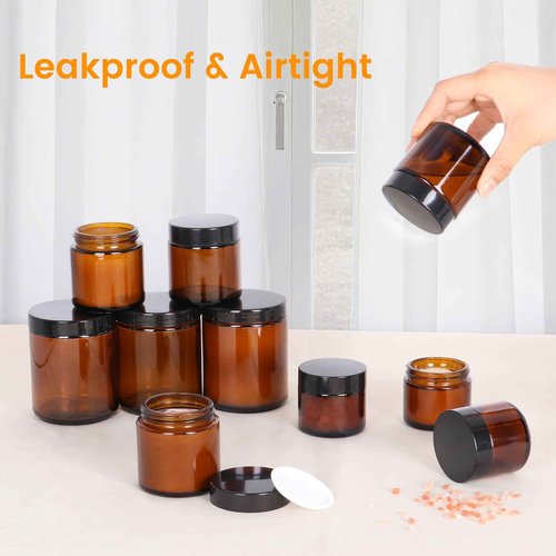3 Pack 8 oz Amber Glass Jars with lids, Cosmetic Jars with Black Lids, Glass Lotion Containers, Candle Making containers for Lotions, Scrubs and Cosmetic, Lables and Spatulas Include