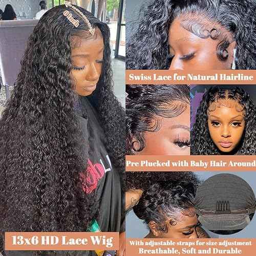 13x6 Deep Wave Lace Front Wigs Human Hair 180% Density Curly Glueless Wigs Wet and Wavy Wigs Pre Plucked for Women 24 Inch