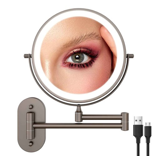 FASCINATE Rechargeable Wall Mounted Lighted Vanity Mirror 8 Inch 1X/10X Magnifying Makeup Mirror with 3 Color Lights, Double Sided Dimmable, 360 Degree Screen Touch,Bathroom Shaving Mirror (GunBlack)