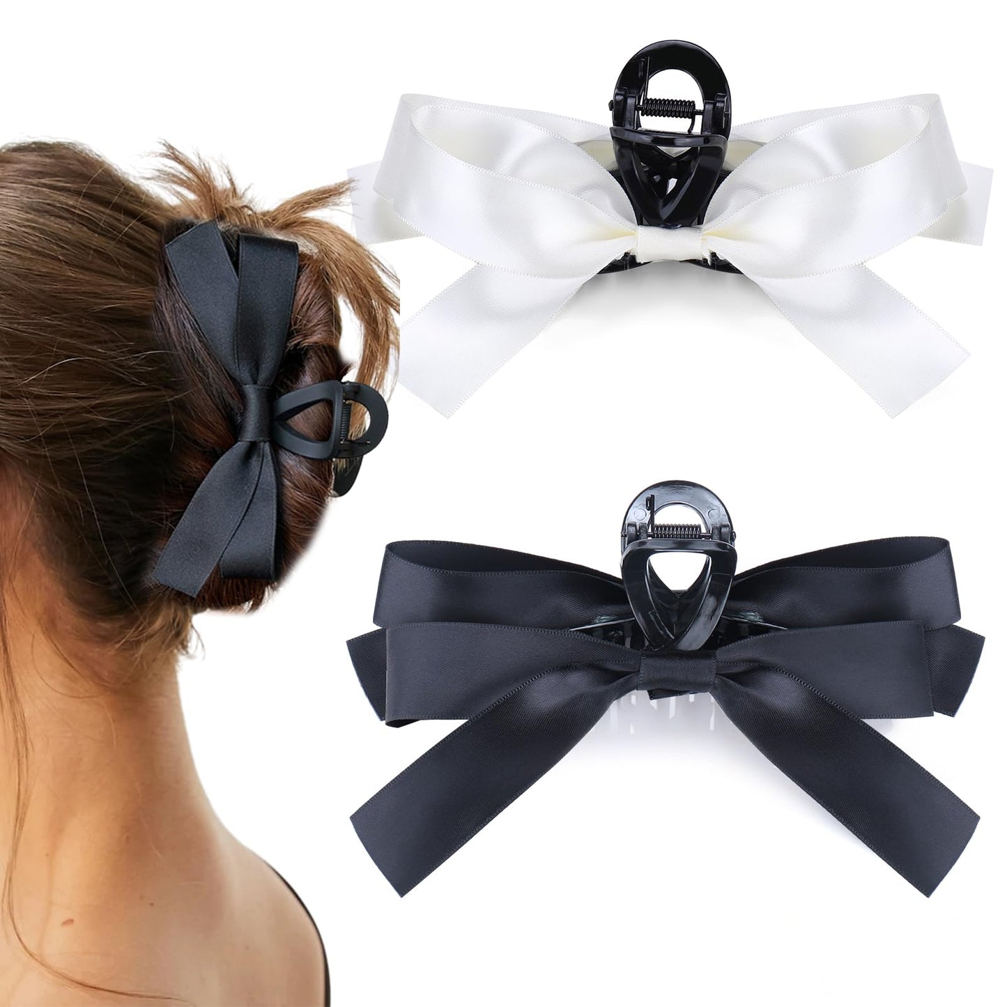 Vodolo Bow Hair Claw Clip for Women Girls,3PCS Nonslip Big Bows Hair Claws Barrette for Thick Thin Hair (Black +White)