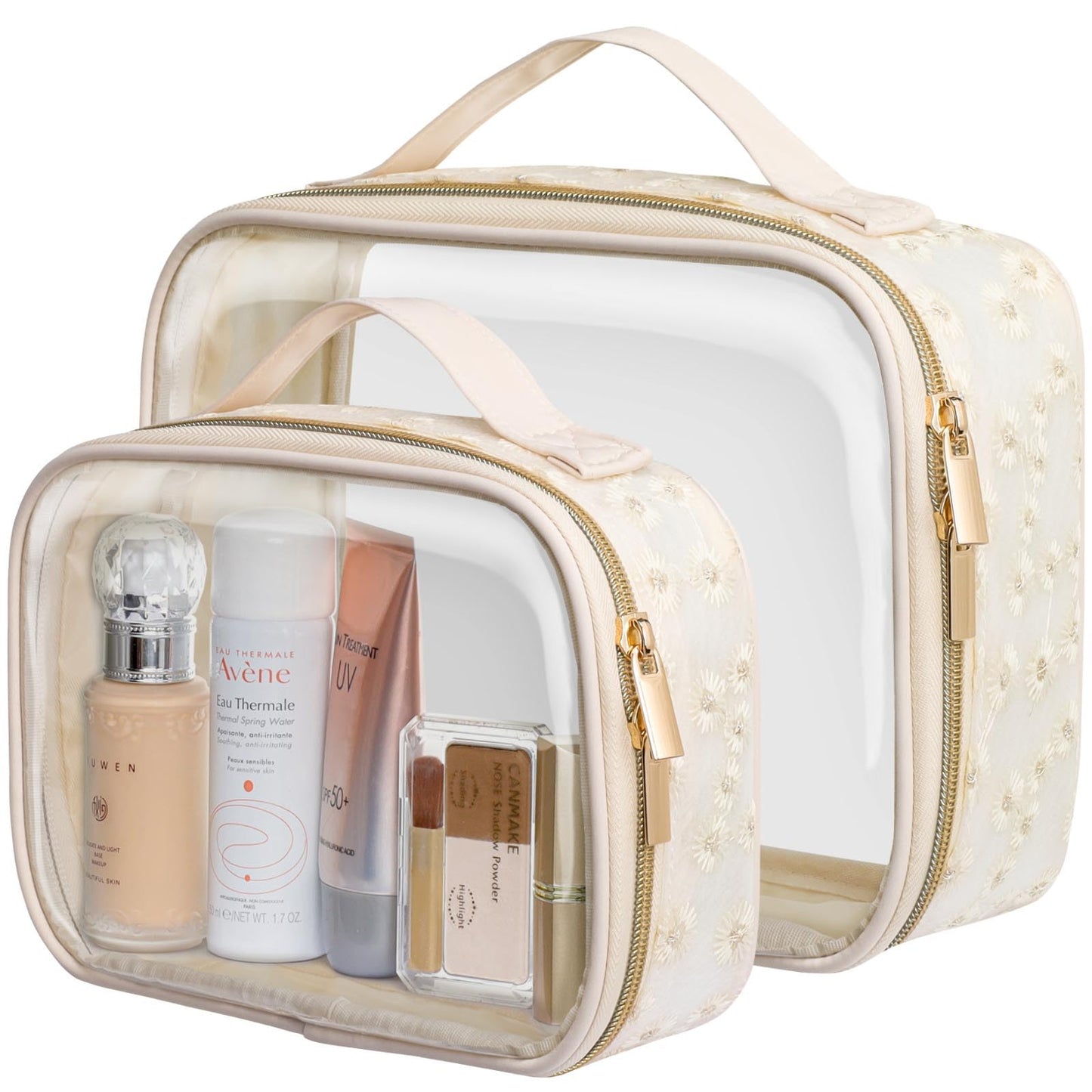 PACKISM Floral Texture Lace TSA Approved Toiletry Bag - 180° Large Opening Clear Makeup Bags for Traveling, in 2 Size TSA Liquid Bag with Handle, 0.5 mm Thick Non-deformable No Smell, Beige